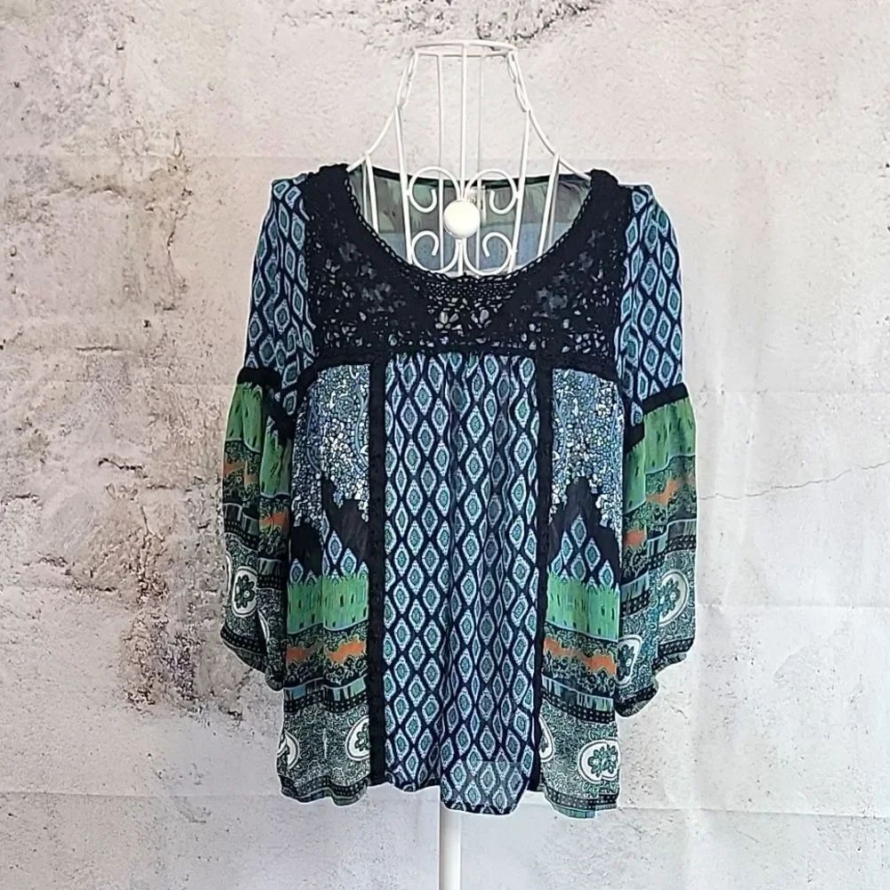 Bila multicolored casual blouse with crocheted neckline Women's Size M